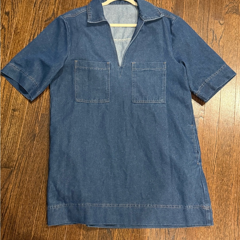 Denim Shirt Dress Collared V Neck Mini Casual Jean Dresses with Pockets